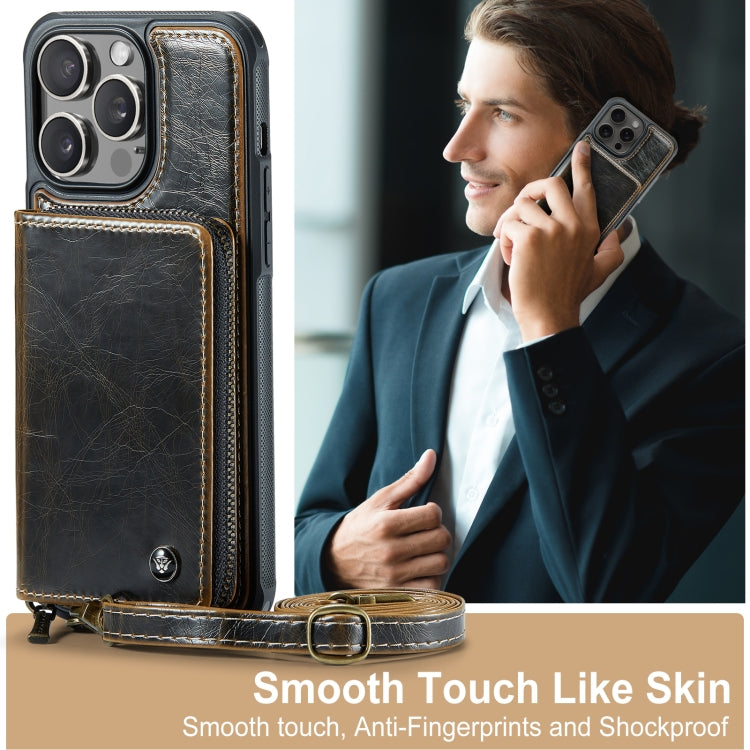 For iPhone 15 Pro JEEHOOD C22 Series Zipper Wallet Leather Phone Case with Dual Lanyard(Coffee) by JEEHOOD