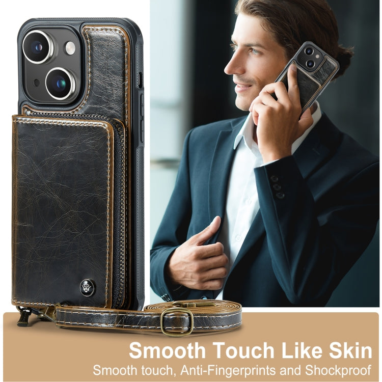 For iPhone 15 Plus JEEHOOD C22 Series Zipper Wallet Leather Phone Case with Dual Lanyard(Coffee) by JEEHOOD