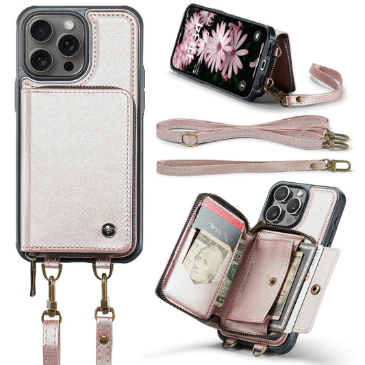 For iPhone 16 Pro Max JEEHOOD C22 Series Zipper Wallet Leather Phone Case with Dual Lanyard(Rose Gold) by JEEHOOD