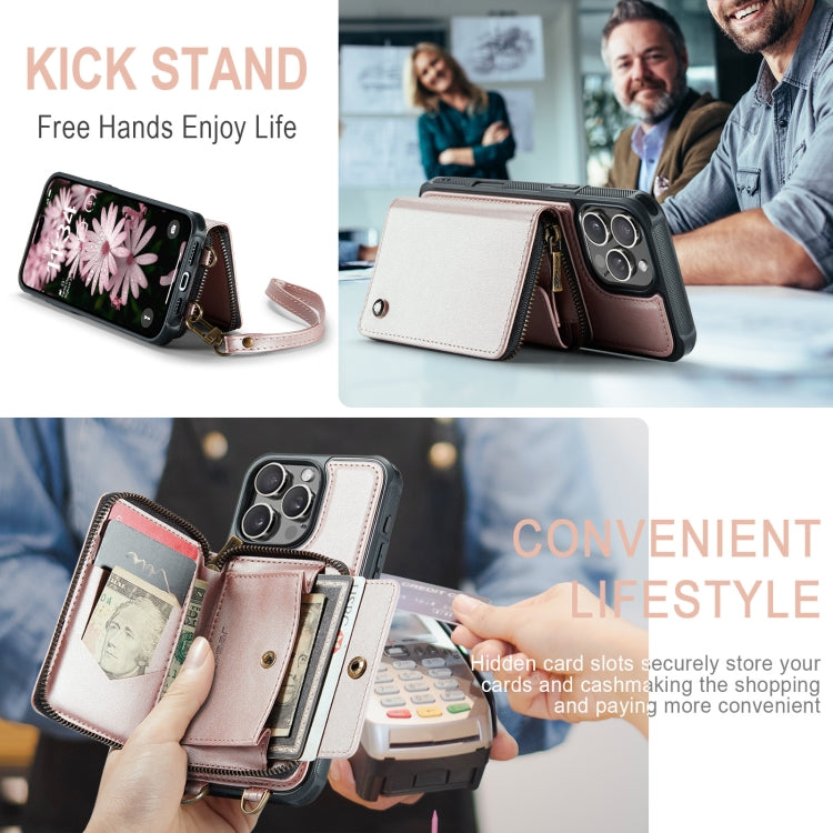 For iPhone 16 Pro Max JEEHOOD C22 Series Zipper Wallet Leather Phone Case with Dual Lanyard(Rose Gold) by JEEHOOD