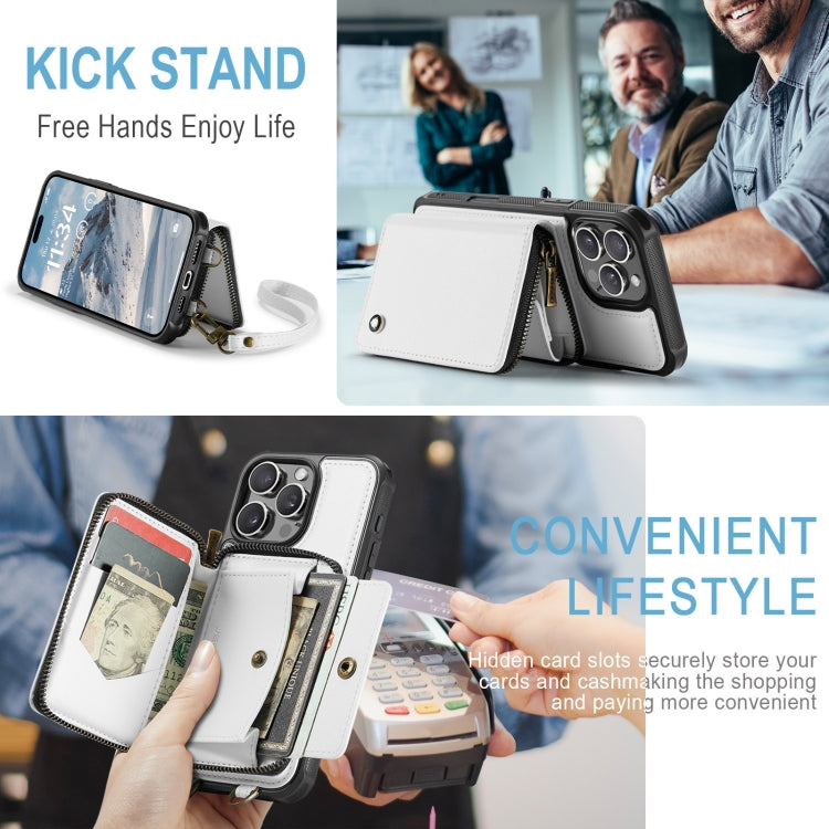 For iPhone 16 Pro Max JEEHOOD C22 Series Zipper Wallet Leather Phone Case with Dual Lanyard(White) by JEEHOOD