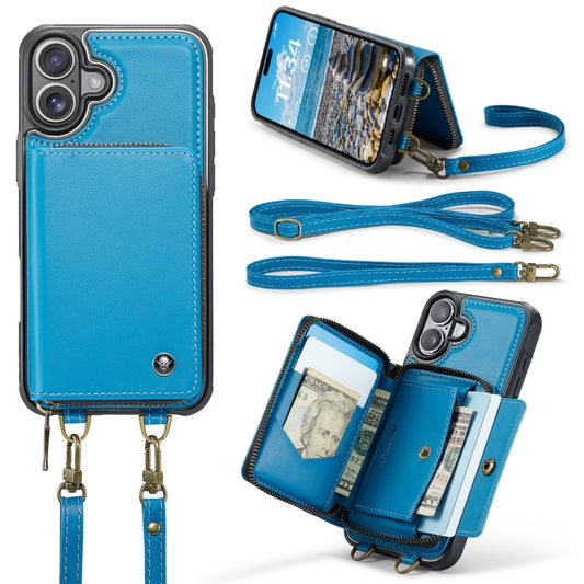 For iPhone 16 Plus JEEHOOD C22 Series Zipper Wallet Leather Phone Case with Dual Lanyard(Blue) by JEEHOOD