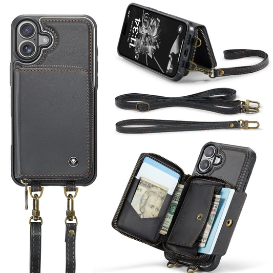 For iPhone 16 JEEHOOD C22 Series Zipper Wallet Leather Phone Case with Dual Lanyard(Black) by JEEHOOD