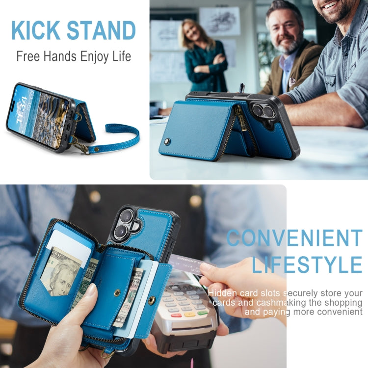 For iPhone 16 JEEHOOD C22 Series Zipper Wallet Leather Phone Case with Dual Lanyard(Blue) by JEEHOOD