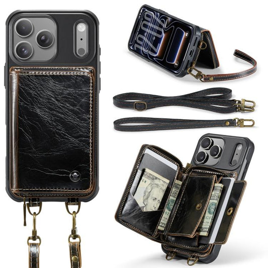 For iPhone 17 Pro JEEHOOD C22 Series Zipper Wallet Leather Phone Case with Dual Lanyard(Coffee) by JEEHOOD