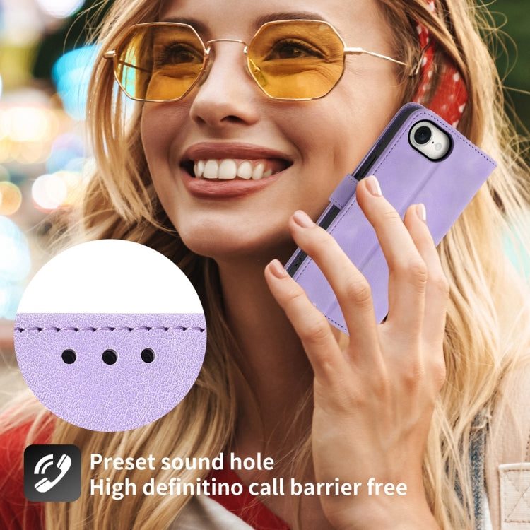 For iPhone 16e Skin-feel Flowers Embossed Wallet Leather Phone Case(Purple) by bashfashion