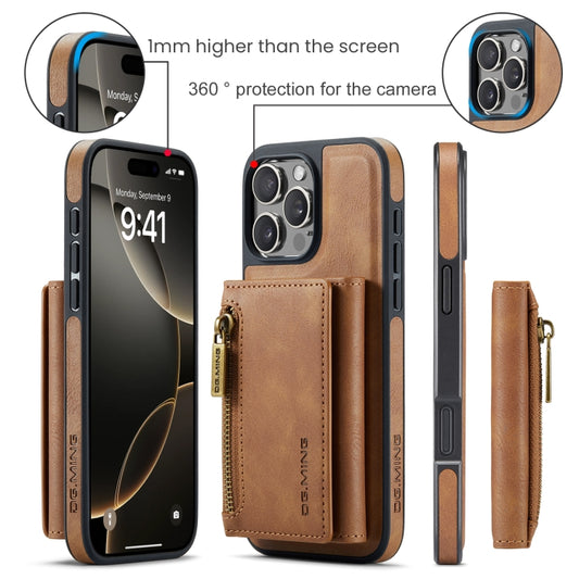 For iPhone 16 Pro DG.MING M5 Series Zip RFID Multi Card Detachable Leather Phone Case(Brown) by DG.MING