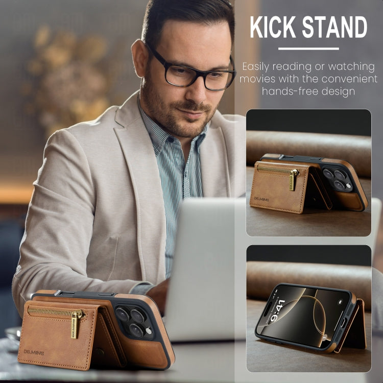 For iPhone 16 Pro DG.MING M5 Series Zip RFID Multi Card Detachable Leather Phone Case(Brown) by DG.MING