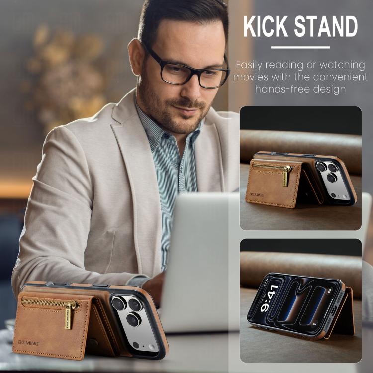 For iPhone 17 Pro Max DG.MING M5 Series Zip RFID Multi Card Detachable Leather Phone Case(Brown) by DG.MING