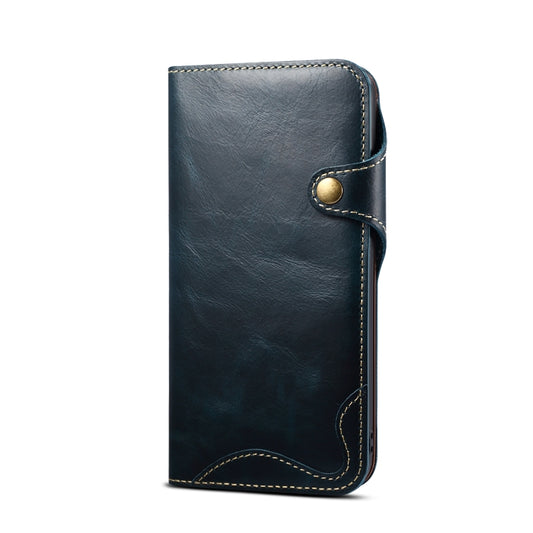 For iPhone 15 Plus Denior Oil Wax Cowhide Magnetic Button Genuine Leather Case(Dark Blue) by Denior