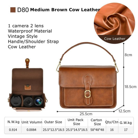 Cwatcun D80 Retro Leather Camera Shoulder Bag, Size:25.5 x 18.5 x 12.5cm Cow Leather Medium(Brown) by Cwatcun