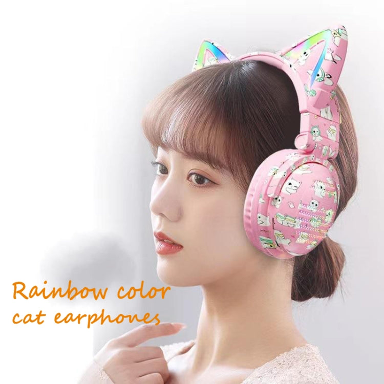 VJ371 Tuya RGB Cat Ear Wireless Bluetooth Earphone with Detachable Microphone(Graffiti Blue) by bashfashion