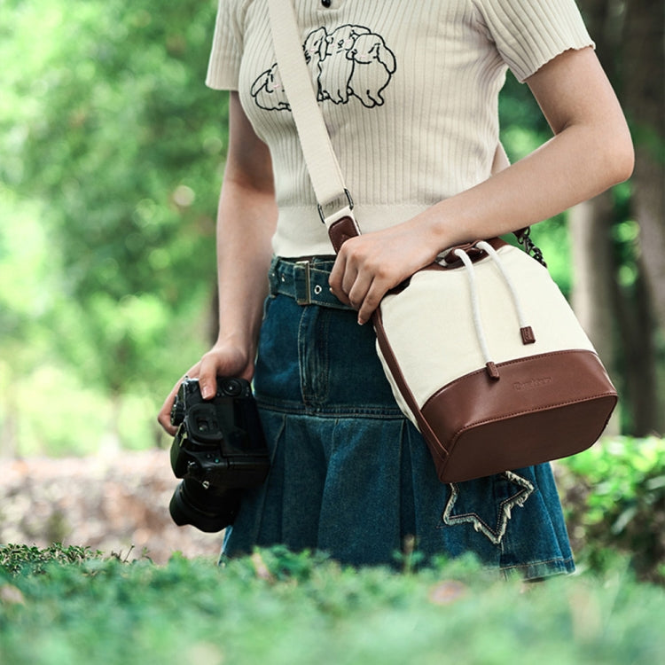 Cwatcun D100 Canvas PU Waterproof Bundle Drawstring Lens Bag Crossbody Camera Bag, Size:20 x 11 x 26cm(Beige) by Cwatcun