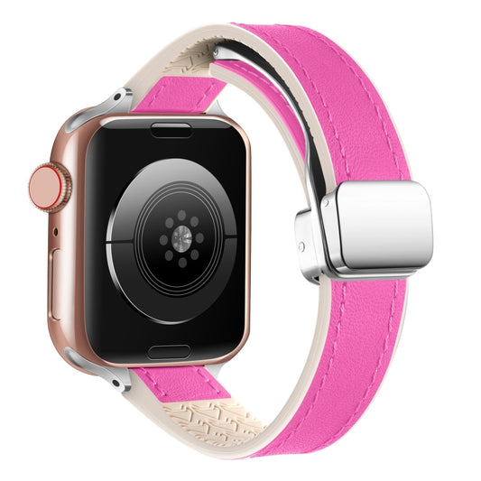 For Apple Watch Series 8 41mm Magnetic Folding Leather Silicone Watch Band(Rose Red) by bashfashion