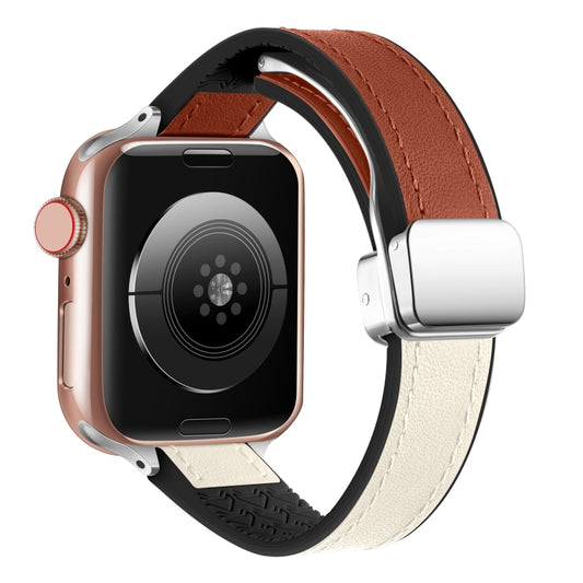 For Apple Watch Series 8 45mm Magnetic Folding Leather Silicone Watch Band(Starlight Brown) by bashfashion