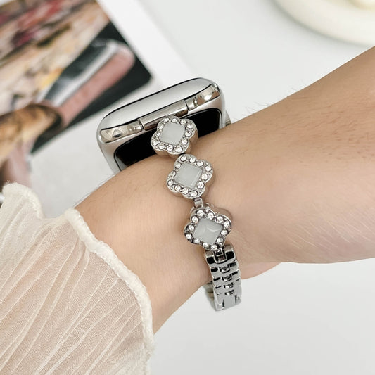 For Apple Watch Series 6 40mm Diamond Four-leaf Clover Metal Chain Watch Band(Silver) by bashfashion