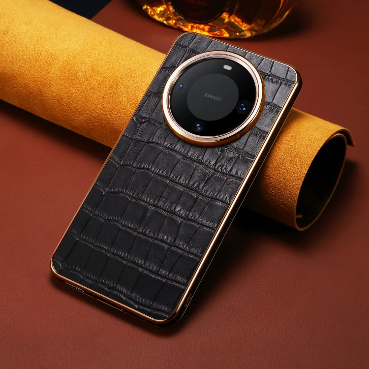 For Huawei Mate 60 Pro / Pro+ Denior Crocodile Texture Genuine Leather Electroplating Phone Case(Black) by Denior