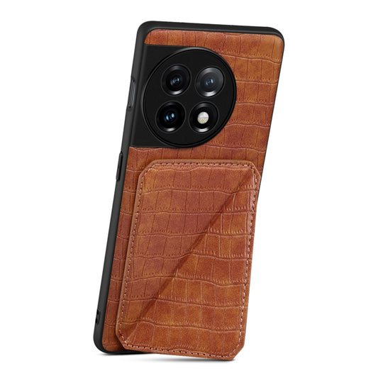 For OnePlus 11 5G Denior Imitation Crocodile Leather Back Phone Case with Holder(Brown) by Denior