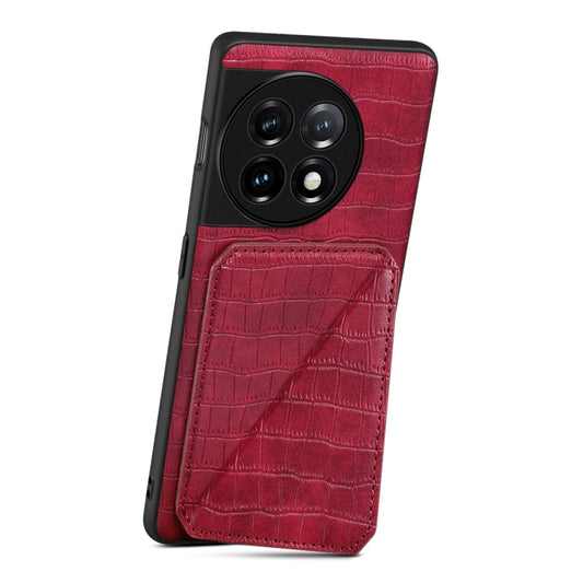 For OnePlus 11 5G Denior Imitation Crocodile Leather Back Phone Case with Holder(Rose Red) by Denior