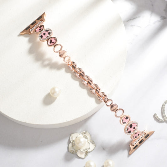 For Apple Watch Series 8 45mm Leopard Rhinestones Metal Chain Watch Band(Rose Gold) by bashfashion