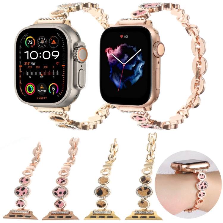 For Apple Watch Series 8 45mm Leopard Rhinestones Metal Chain Watch Band(Rose Gold) by bashfashion