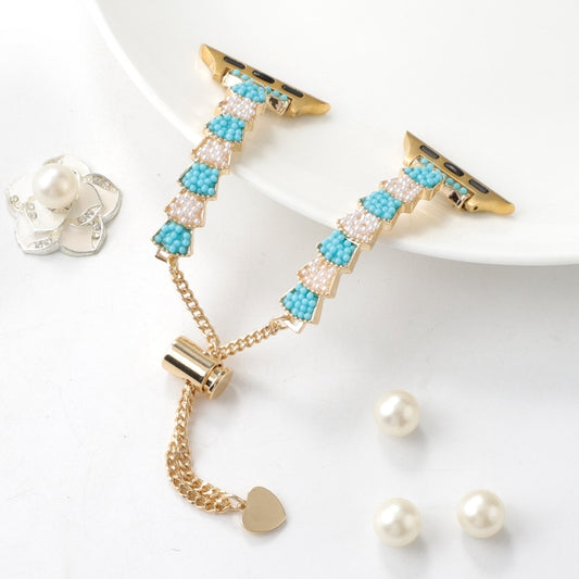 For Apple Watch Series 9 41mm Shell Beads Chain Bracelet Metal Watch Band(Blue White Gold) by bashfashion