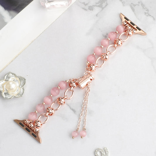 For Apple Watch SE 2022 44mm Pearl Chain Metal Bracelet Watch Band(Pink Rose Gold) by bashfashion