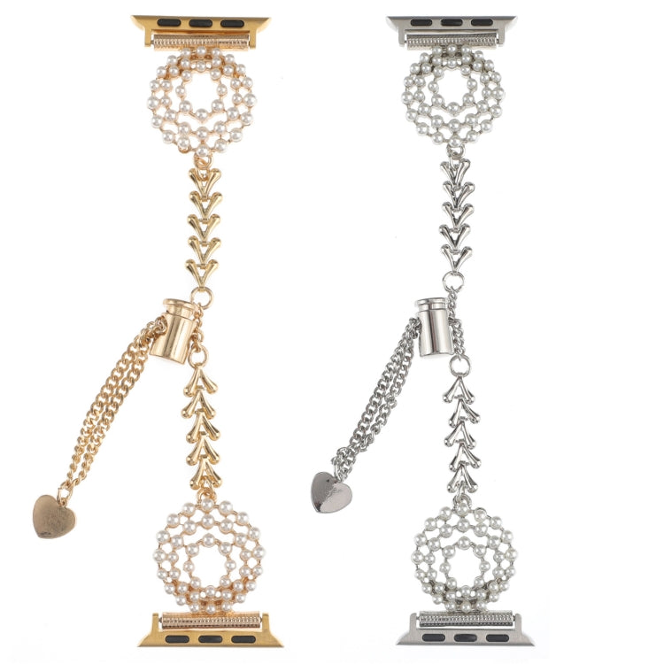 For Apple Watch Series 7 41mm Pearl Round Zinc Alloy Chain Metal Watch Band(Gold) by bashfashion