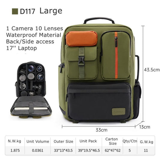 Cwatcun D117 Large Capacity Photography Backpack Shoulders Laptop Camera Bag, Size:43.3 x 33 x 13cm(Army Green) by Cwatcun