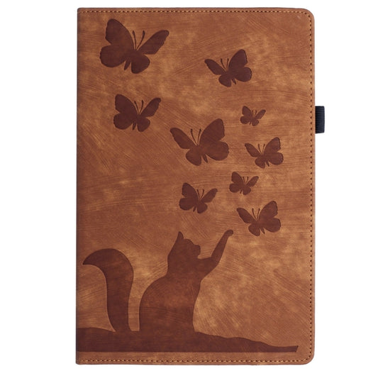For Samsung Galaxy Tab S9 Ultra / S8 Ultra Butterfly Cat Embossing Leather Tablet Case(Brown) by bashfashion