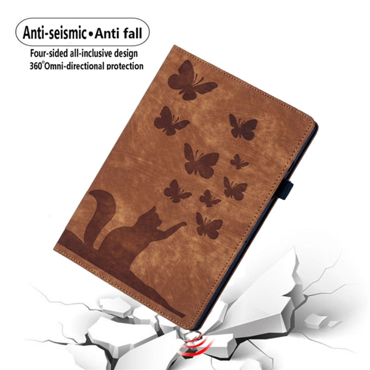 For Samsung Galaxy Tab S9 Ultra / S8 Ultra Butterfly Cat Embossing Leather Tablet Case(Brown) by bashfashion