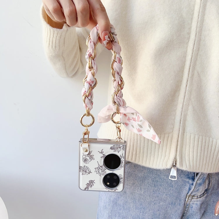 For Huawei P50 Pocket Pearlescent Paint Painted PC Phone Case with DIY Scarf Bracelet(Sketch Flower) by bashfashion