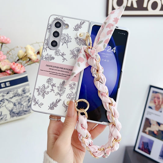 For Samsung Galaxy Z Fold5 5G Pearlescent Paint Painted PC Phone Case with DIY Scarf Bracelet(Sketch Flower) by bashfashion