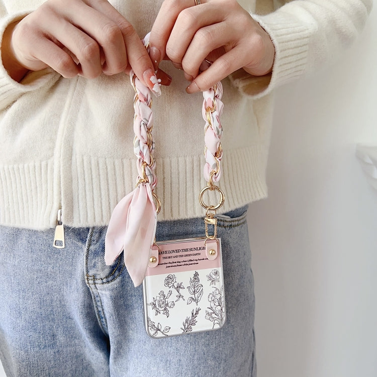 For Samsung Galaxy Z Flip4 5G Pearlescent Paint Painted PC Phone Case with DIY Scarf Bracelet(Sketch Flower) by bashfashion