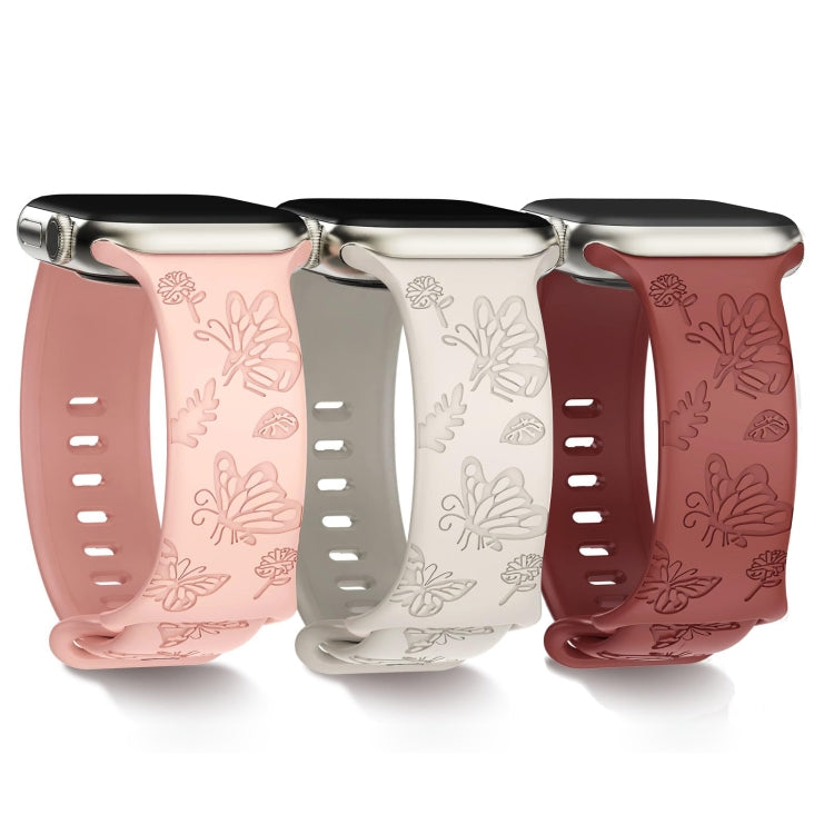 For Apple Watch SE 2023 44mm Butterfly Flower Embossed Silicone Watch Band(Retro Rose) by bashfashion