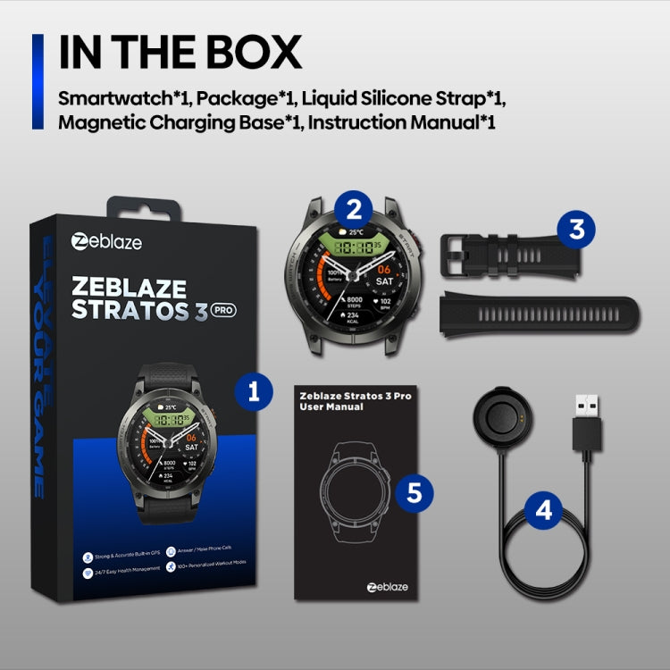 Zeblaze Stratos 3 Pro 1.43 inch AMOLED Screen Sports Smart Watch Support Bluetooth Call(Black) by Zeblaze