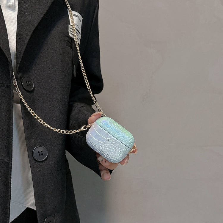 For AirPods Pro Colorful Crocodile Pattern PC Earphone Case with Anti-lost Metal Long Chain(Light Blue) by bashfashion