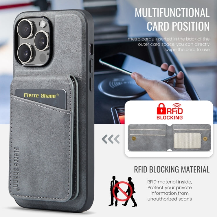 For iPhone 15 Pro Max Fierre Shann Cowhide Vertical Flip Magnetic Card Holder Phone Case(Grey) by FIERRE SHANN