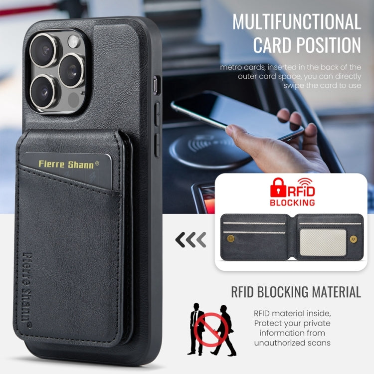 For iPhone 15 Pro Fierre Shann Cowhide Vertical Flip Magnetic Card Holder Phone Case(Black) by FIERRE SHANN