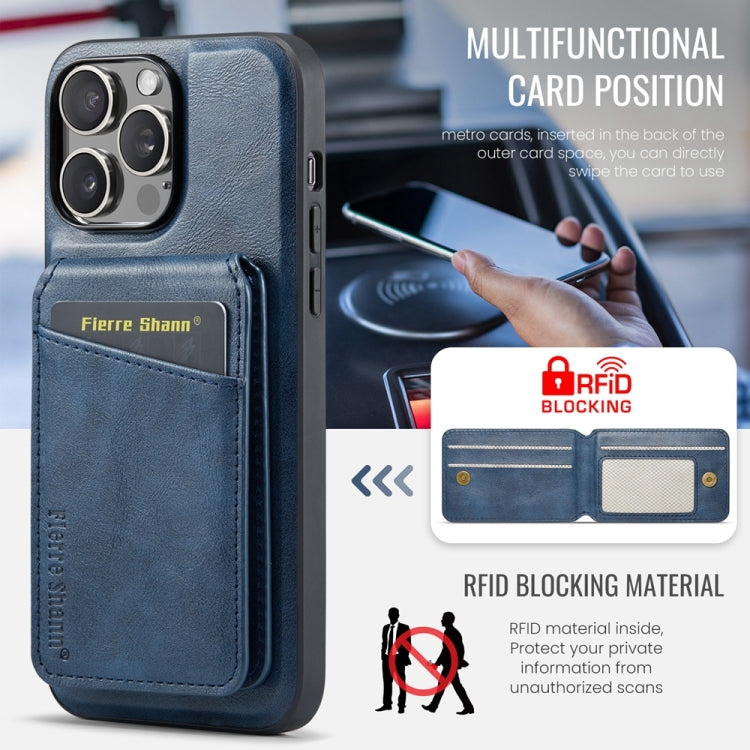 For iPhone 15 Pro Fierre Shann Cowhide Vertical Flip Magnetic Card Holder Phone Case(Blue) by FIERRE SHANN