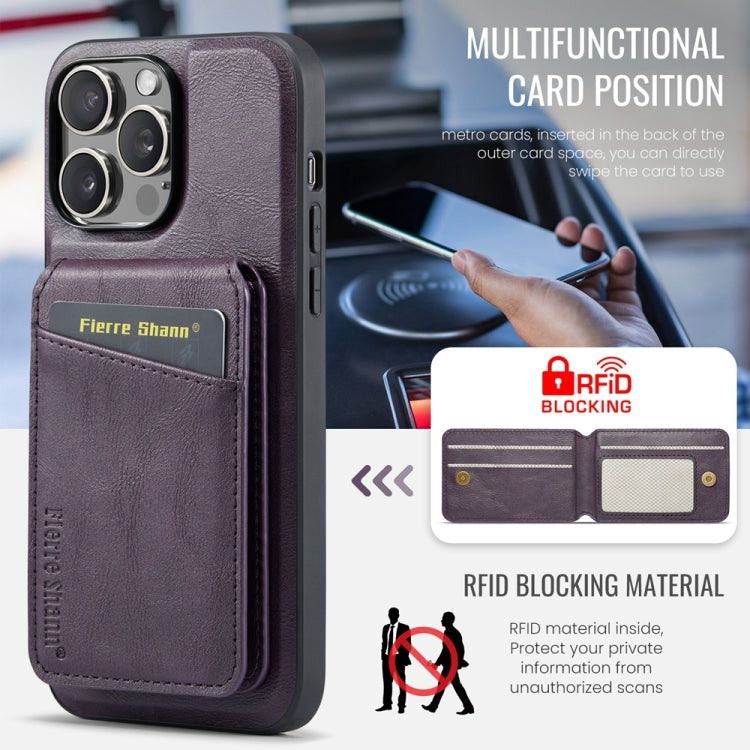 For iPhone 15 Pro Fierre Shann Cowhide Vertical Flip Magnetic Card Holder Phone Case(Purple) by FIERRE SHANN