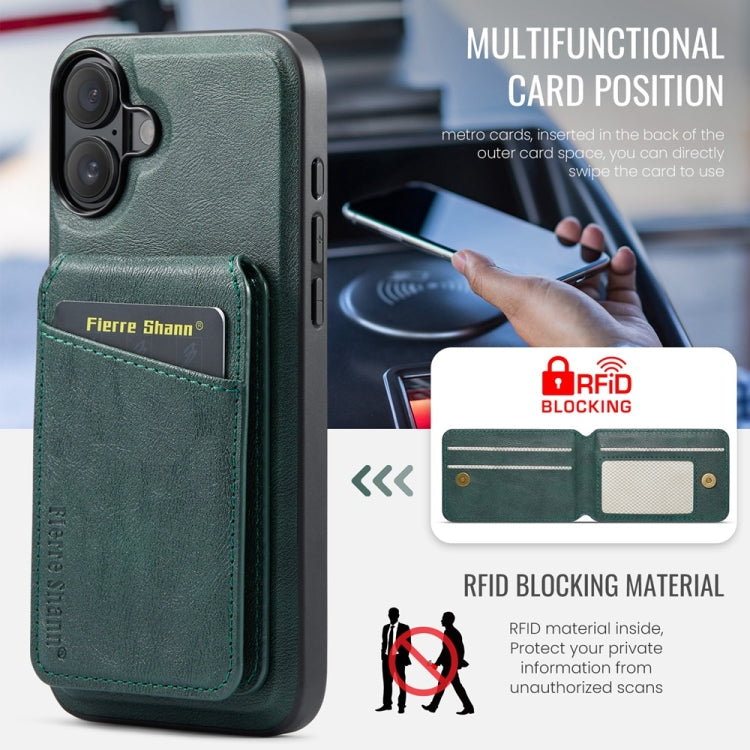 For iPhone 16 Plus Fierre Shann Cowhide Vertical Flip Magnetic Card Holder Phone Case(Green) by FIERRE SHANN