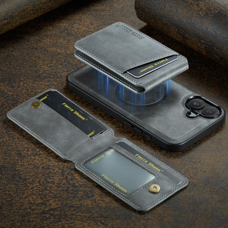 For iPhone 17 Fierre Shann Cowhide Vertical Flip Magnetic Card Holder Phone Case(Grey) by FIERRE SHANN