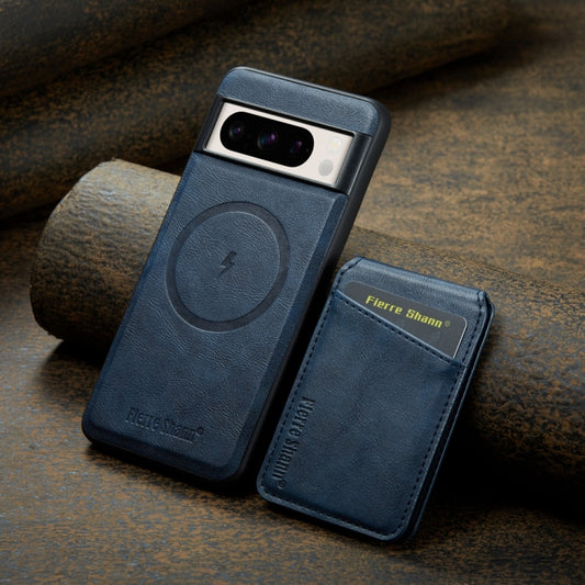 For Google Pixel 8 Pro Fierre Shann Cowhide Vertical Flip Magnetic Card Holder Phone Case(Blue) by FIERRE SHANN