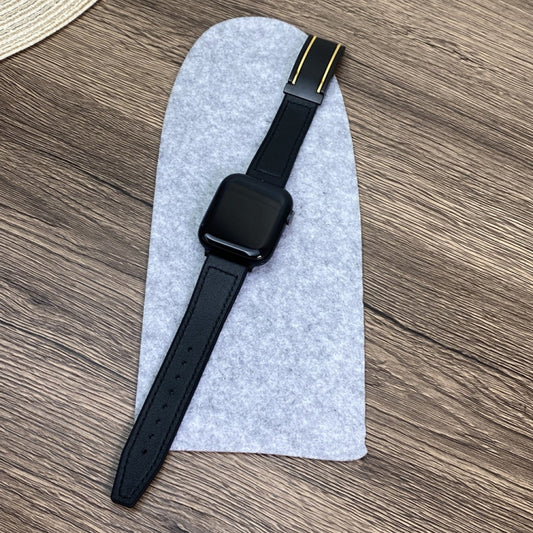 For Apple Watch 38mm Trapezoid Fold Magnetic Buckle Silicone PU Watch Band(Black Gold) by bashfashion
