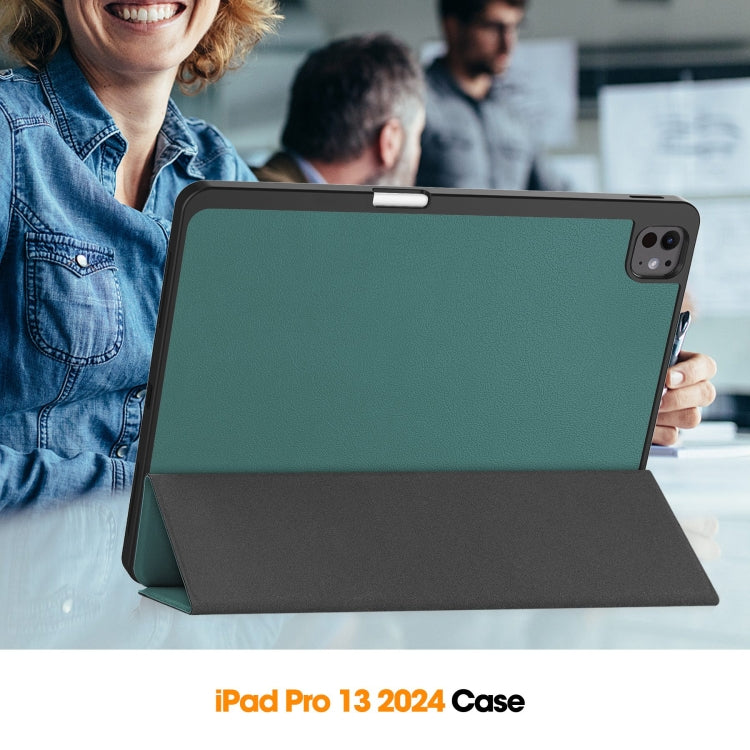 For iPad Pro 13 2025 / 2024 Custer TPU Pure Color 3-Fold Holder Smart Leather Tablet Case with Pen Tray(Dark Green) by bashfashion