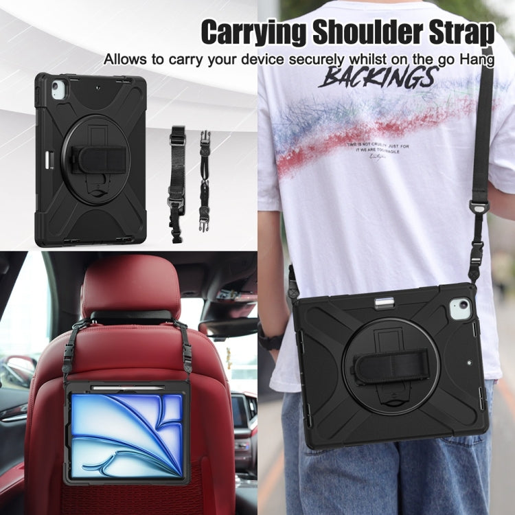 For iPad Air 13 2024 / Air 13 2025 Rotatable Holder Silicone Hybrid PC Tablet Case with Shoulder Strap(Black) by bashfashion