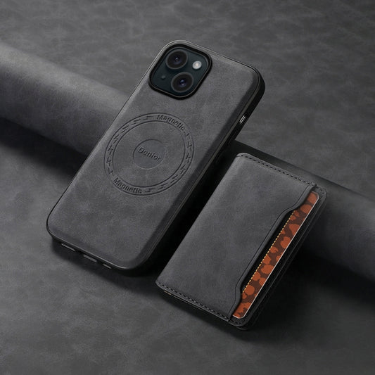 For iPhone 15 Denior D13 Retro Texture Leather MagSafe Card Bag Phone Case(Black) by Denior