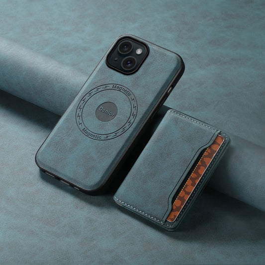 For iPhone 15 Denior D13 Retro Texture Leather MagSafe Card Bag Phone Case(Blue) by Denior