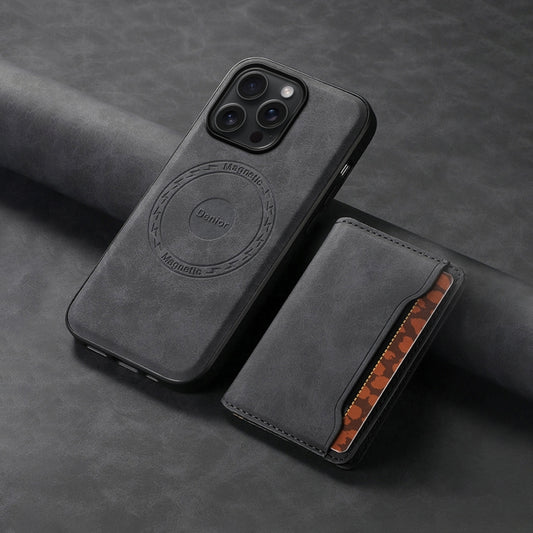 For iPhone 15 Pro Max Denior D13 Retro Texture Leather MagSafe Card Bag Phone Case(Black) by Denior